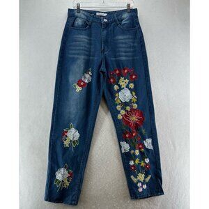 Misslook Jeans Womens Sz M Straight High Waist Floral Embroidered Denim Blue